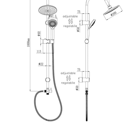 Disegno tecnico quotato della colonna doccia Oslo M633-FINOX: altezza 1000 mm, braccio soffione 230 mm, tubo 22 mm