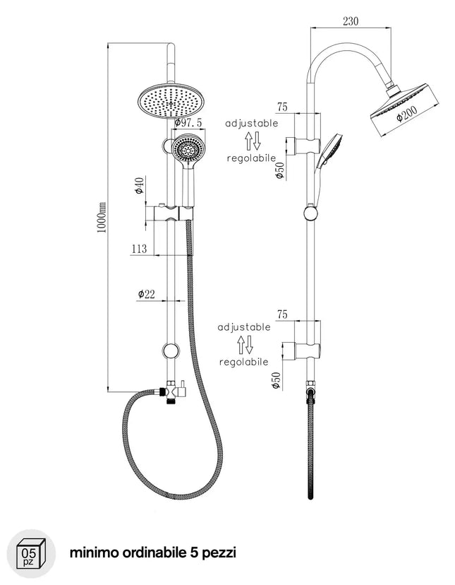 Disegno tecnico quotato della colonna doccia Oslo M633-FINOX: altezza 1000 mm, braccio soffione 230 mm, tubo 22 mm