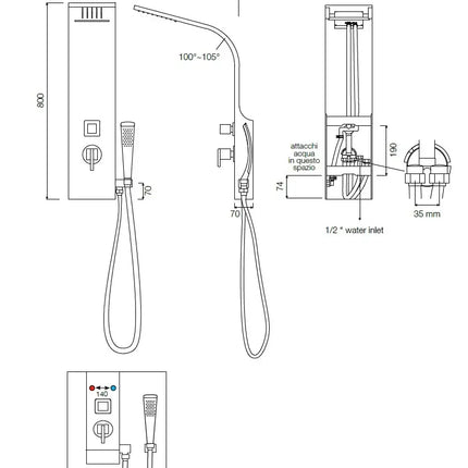 Schema tecnico idraulico colonna doccia Senna con attacchi acqua, altezza 800mm