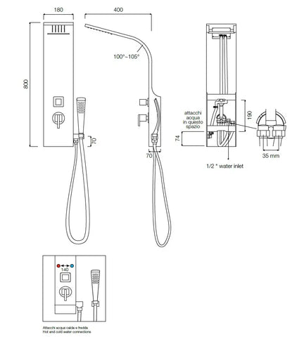 Schema tecnico idraulico colonna doccia Senna con attacchi acqua, altezza 800mm