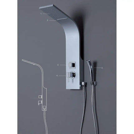 Colonna doccia idromassaggio Senna argento con lama d'acqua a cascata, schema numerato
