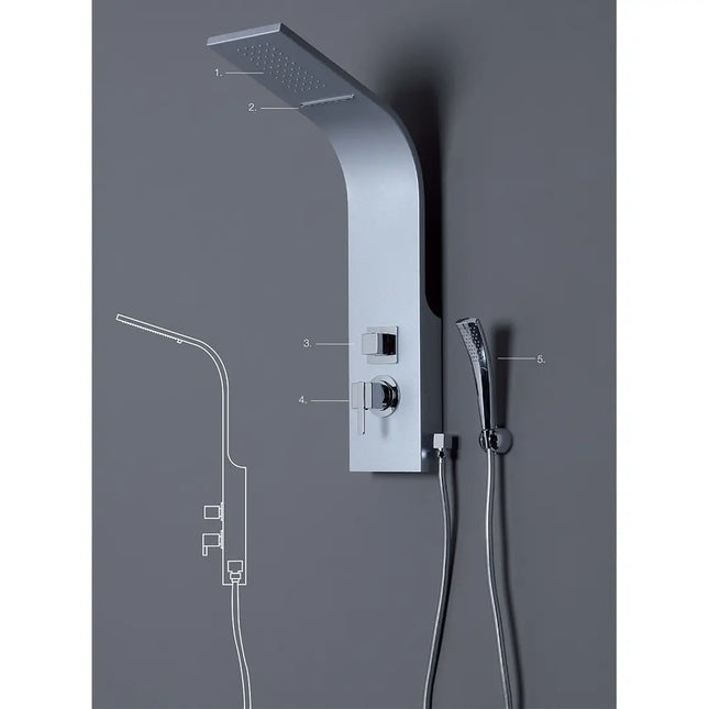 Colonna doccia idromassaggio Senna argento con lama d'acqua a cascata, schema numerato
