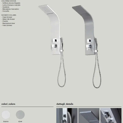Colonna doccia idromassaggio Senna confronto colori bianco e silver con dettagli