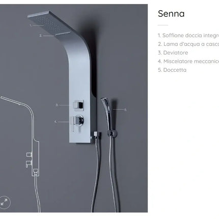 Colonna doccia Senna con legenda componenti, soffione e lama d'acqua a cascata