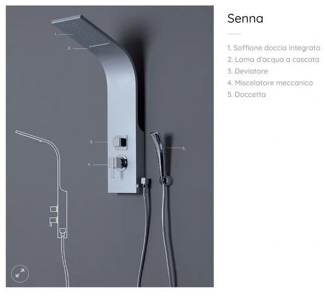 Colonna doccia Senna con legenda componenti, soffione e lama d'acqua a cascata