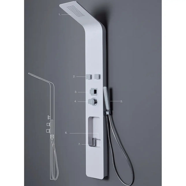 Colonna doccia idromassaggio Loira bianca con dispenser sapone e idrogetti, schema numerato