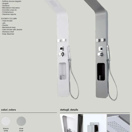 Colonna doccia idromassaggio Loira confronto colori bianco e silver con dettagli