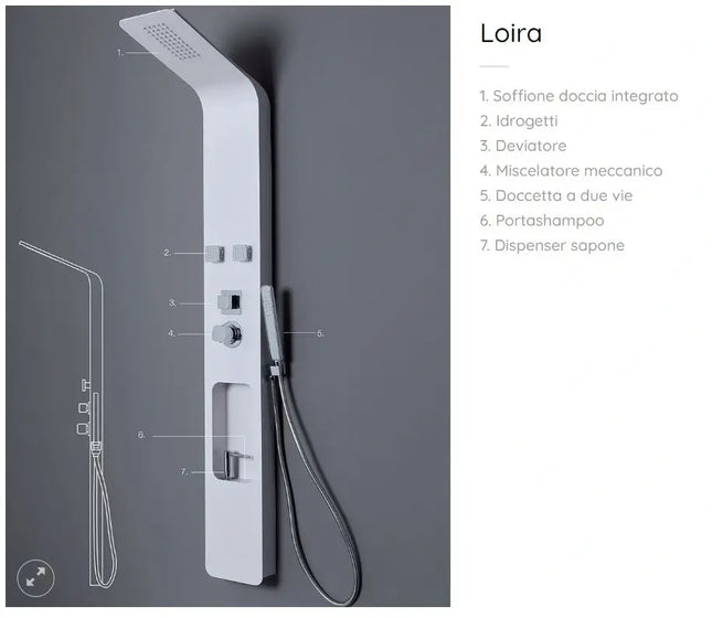 Colonna doccia Loira con legenda componenti, soffione, idrogetti e dispenser sapone