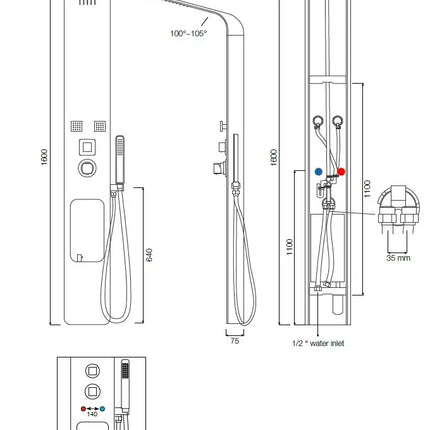 Schema tecnico idraulico colonna doccia Loira con attacchi acqua, altezza 1600mm
