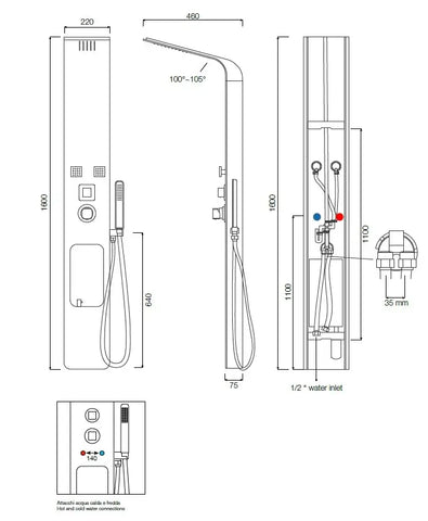 Schema tecnico idraulico colonna doccia Loira con attacchi acqua, altezza 1600mm