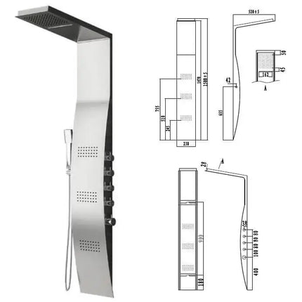 Schema tecnico colonna idromassaggio cascata in acciaio inox, altezza 1500mm