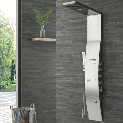 Colonna doccia idromassaggio con cascata in acciaio inox, idrogetti, comandi laterali ambientata