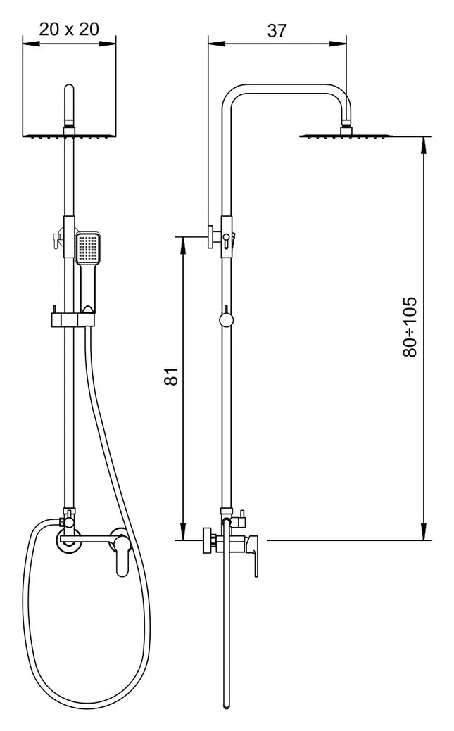 Disegno tecnico quotato della colonna doccia Dakota M3161: soffione 20x20 cm, braccio 37 cm, altezza regolabile 80-105 cm