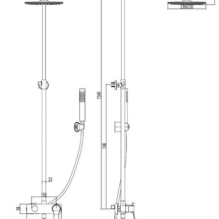 Schema tecnico colonna doccia nero e bronzo con misure, soffione 230x230mm