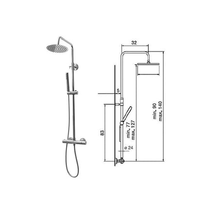 Schema tecnico colonna doccia termostatica con misure, altezza min 90 max 140cm