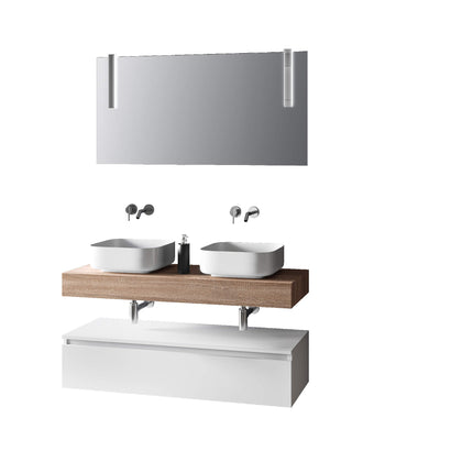 Composizione Bagno 120cm Con Doppio Lavabo, Base Con Cassetto E Specchio Con Lampada