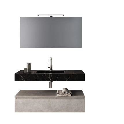Composizione Bagno 120cm Con Vasca Integrata Cassetto E Specchio Top Nero Grafite + Base Avana Effetto Pietra