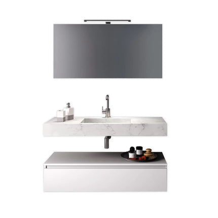 Composizione Bagno 120cm Con Vasca Integrata Cassetto E Specchio Top Effetto Marmo Carrara + Base Bianco Opaco