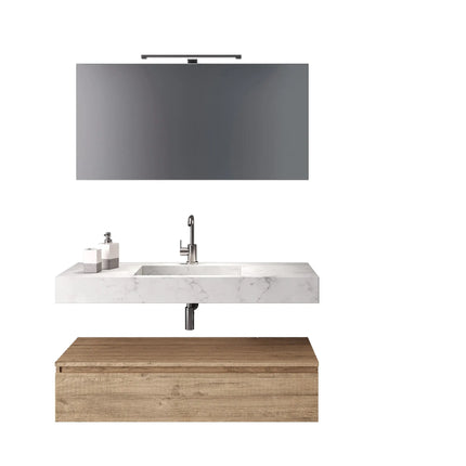 Composizione Bagno 120cm Con Vasca Integrata Cassetto E Specchio Top Effetto Marmo Carrara + Base Quercia