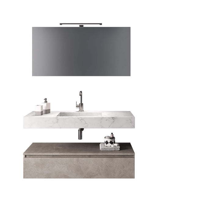 Composizione Bagno 120cm Con Vasca Integrata Cassetto E Specchio Top Effetto Marmo Carrara + Base Avana Effetto Pietra