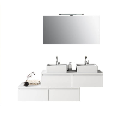 Composizione Bagno 160cm Con Doppio Lavabo, Cassetti E Specchio Con Lampada Bianco Opaco