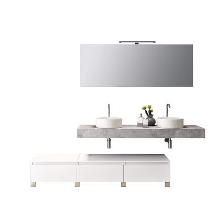 Composizione Bagno 180cm Con Doppio Lavabo, Cassetti E Specchio Top cemento + base bianco opaco