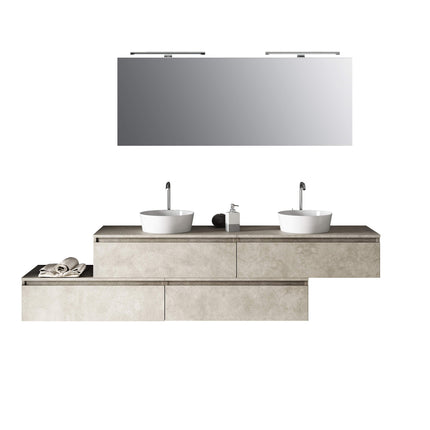 Composizione Bagno 225cm Sospesa Con Doppio Lavabo, Cassetti E Specchio Avana Effetto Pietra