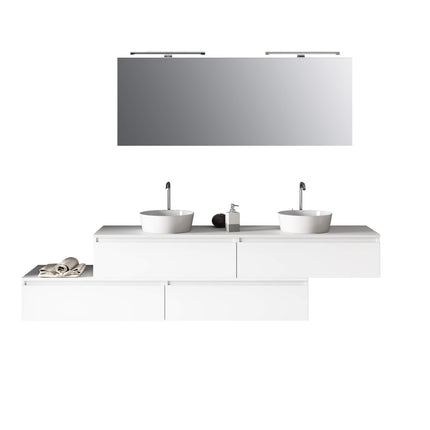 Composizione Bagno 225cm Sospesa Con Doppio Lavabo, Cassetti E Specchio Bianco Opaco