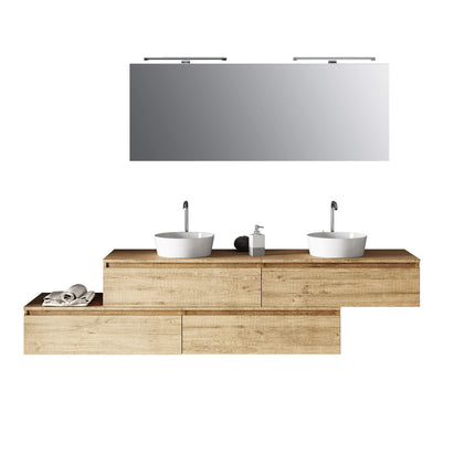 Composizione Bagno 225cm Sospesa Con Doppio Lavabo, Cassetti E Specchio Quercia