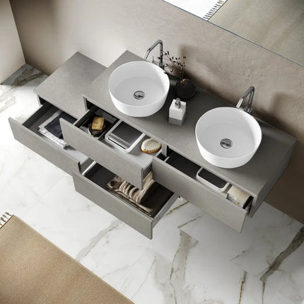 Composizione Bagno 225cm Sospesa Con Doppio Lavabo, Cassetti E Specchio