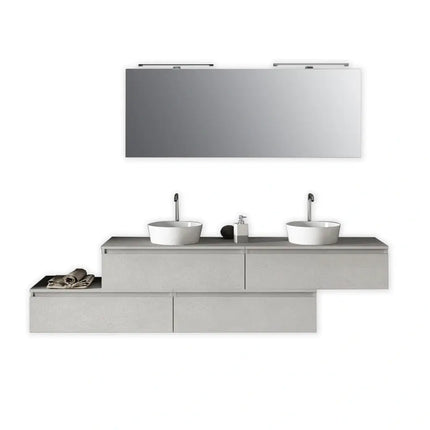 Composizione Bagno 225cm Sospesa Con Doppio Lavabo, Cassetti E Specchio Bianco Pietra