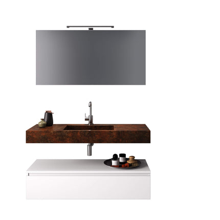 Composizione Bagno 90cm Con Vasca Integrata Cassetto E Specchio Top Effetto Corten + Base Bianco Opaco