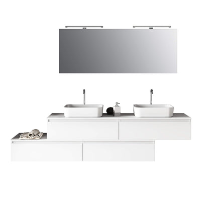 Composizione Mobile Bagno 225cm Sospesa Con Doppio Lavabo, Cassetti E Specchio Bianco Opaco