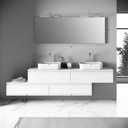 Composizione Mobile Bagno 225cm Sospesa Con Doppio Lavabo, Cassetti E Specchio