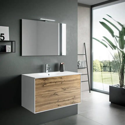 Composizione Mobile Bagno 90cm Sospeso Due Cassetti e Specchio Con Lampada Rovere Miele