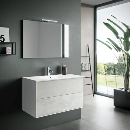 Composizione Mobile Bagno 90cm Sospeso Due Cassetti e Specchio Con Lampada Avana Effetto Pietra