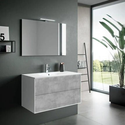 Composizione Mobile Bagno 90cm Sospeso Due Cassetti e Specchio Con Lampada Cemento