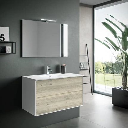Composizione Mobile Bagno 90cm Sospeso Due Cassetti e Specchio Con Lampada Pino Artico