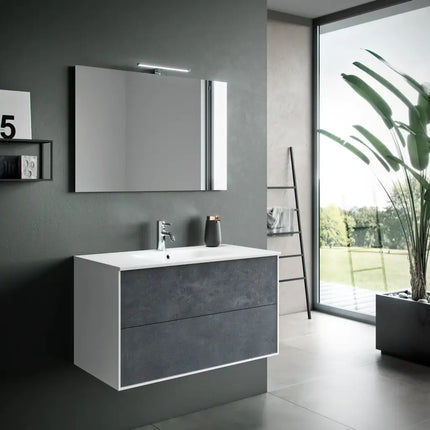 Composizione Mobile Bagno 90cm Sospeso Due Cassetti e Specchio Con Lampada Blu Effetto Pietra