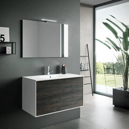 Composizione Mobile Bagno 90cm Sospeso Due Cassetti e Specchio Con Lampada Testa di Moro