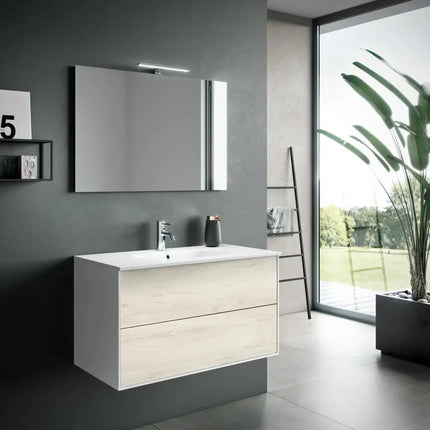 Composizione Mobile Bagno 90cm Sospeso Due Cassetti e Specchio Con Lampada Rovere Alaska