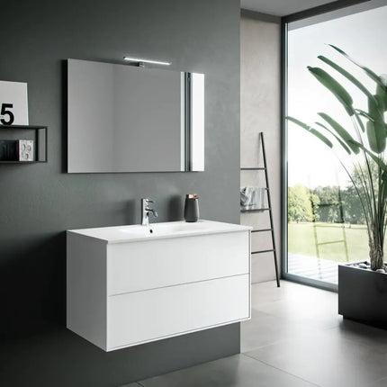 Composizione Mobile Bagno 90cm Sospeso Due Cassetti e Specchio Con Lampada Bianco Opaco