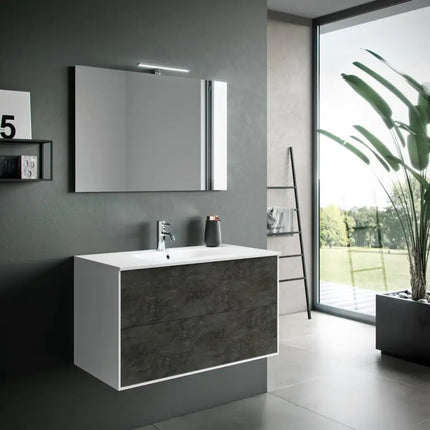 Composizione Mobile Bagno 90cm Sospeso Due Cassetti e Specchio Con Lampada Ossido