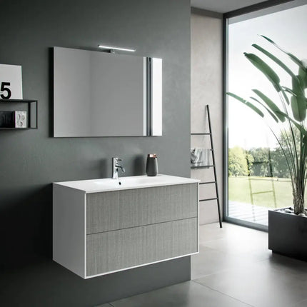 Composizione Mobile Bagno 90cm Sospeso Due Cassetti e Specchio Con Lampada Grigio Londra