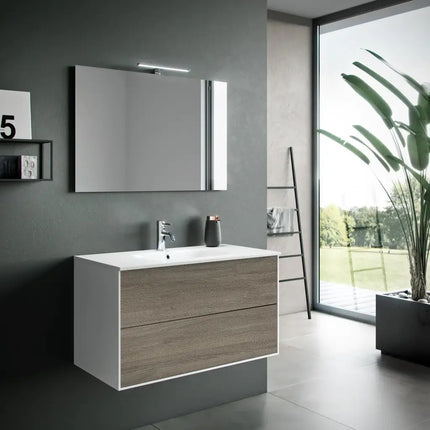 Composizione Mobile Bagno 90cm Sospeso Due Cassetti e Specchio Con Lampada Rovere Cenere