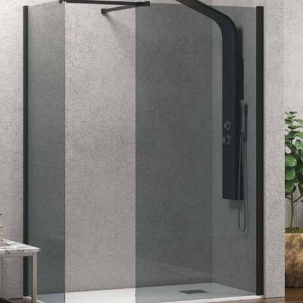 Doccia walk-in a due pareti in cristallo fumè H200cm 8mm con profili neri e barra di sostegno nera a muro