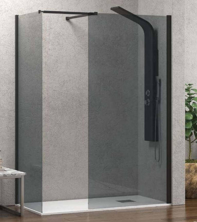 Vista angolare della doccia due pareti walk-in fumè 8mm H200cm profili neri con piatto doccia bianco