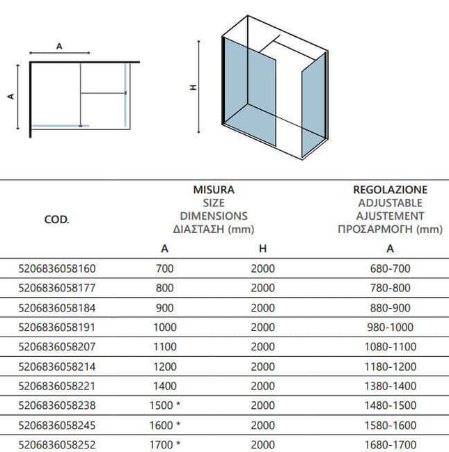 Disegno tecnico quotato della doccia due pareti walk-in H200cm 8mm profili neri con tabella dimensioni