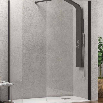 Doccia walk-in a due pareti H200cm in cristallo 8mm anticalcare con profili neri e colonna doccia nera