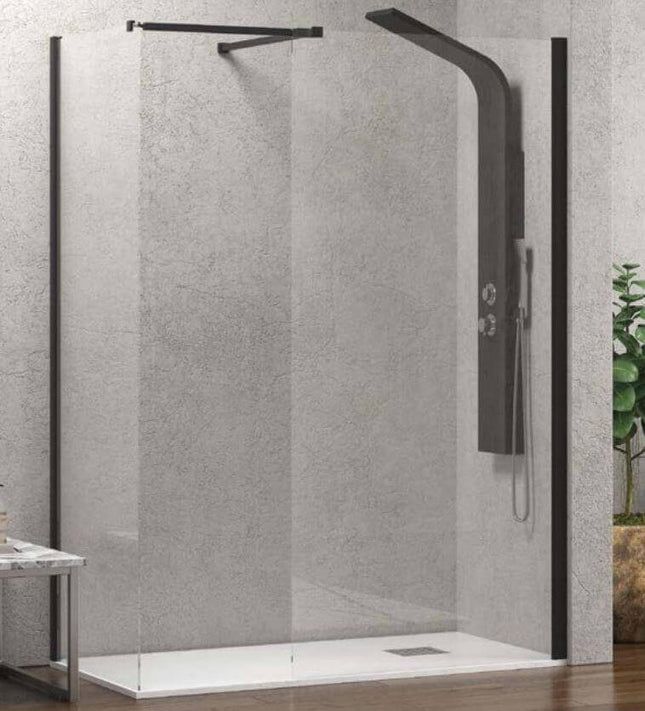 Doccia walk-in a due pareti H200cm in cristallo 8mm anticalcare con profili neri e colonna doccia nera